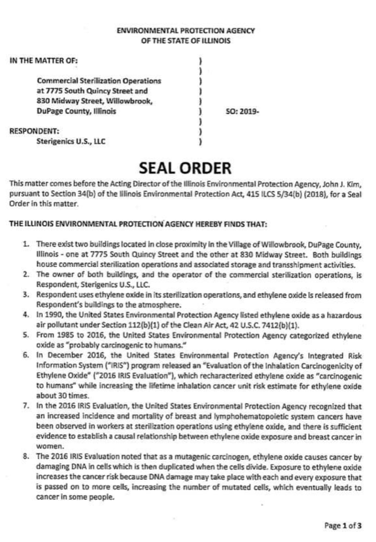 Sterigenics Seal Order pg. 1